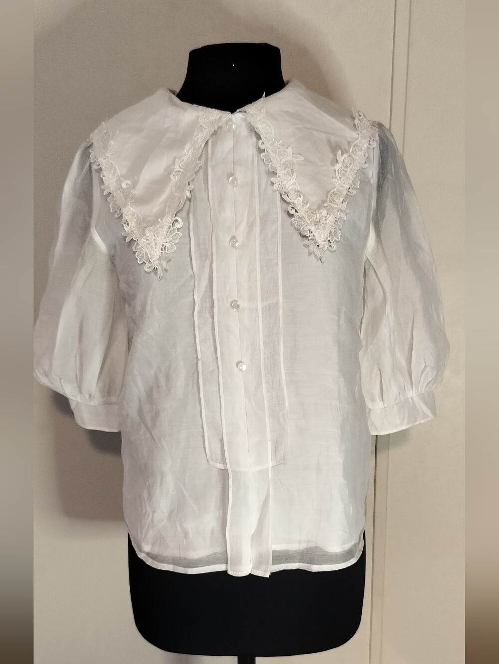 White Lace-Collar Button Front Blouse
